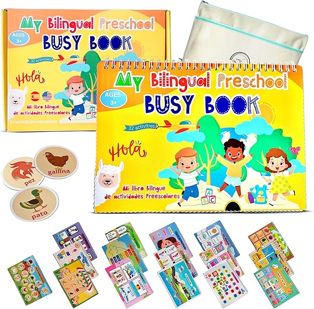 The Busy Book for Toddlers 3 and Up – Preschool Learning Activities Bilingual Book in Spanish and English with 32 Activities – Educational Toddler Activity Book with 8 Color Markers