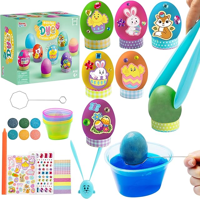 The Klever Kits 20Pcs Easter Egg Dye Kit, DIY Easter Decorating Craft Kit with Egg Tray, Stands, Stickers for Kids Coloring Theme Creativity Activity, Home School Crafts