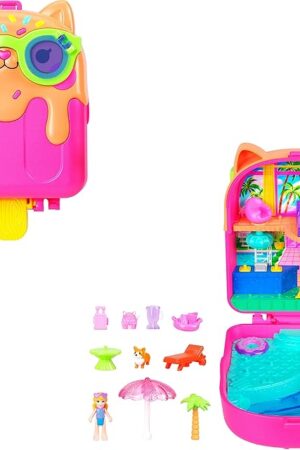 The Polly Pocket Dolls and Playset, Kitty Popsicle Resort Compact, Travel Toy with 1 Micro Doll, Pet Puppy & Themed Accessories