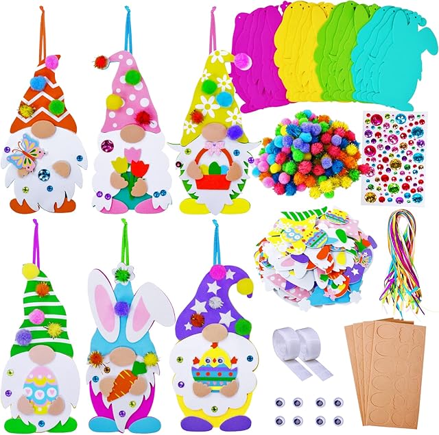 The Winlyn 24 Sets Easter Decorations DIY 3D Gnome Ornaments Easter Craft Kits Assorted Foam Easter Gnome Ornaments Easter Stickers for Kids Party Favors Easter Spring Classroom Home Activity Art Project