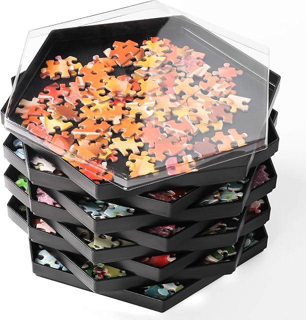 The Becko US Stackable Puzzle Sorting Trays, Jigsaw Sorters with Lid, Puzzle Accessory for Up to 1500 Pieces Jigsaw Puzzles, 8 Hexagonal Trays (Black)