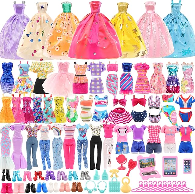 The BARWA 57 Pcs Doll Clothes and Accessories Wedding Dresses Gown Fashion Dresses Mini Dresses Outfits Tops Pants Swimsuits Bikini, Hangers Shoes Computer for 11.5 inch Girls Dolls