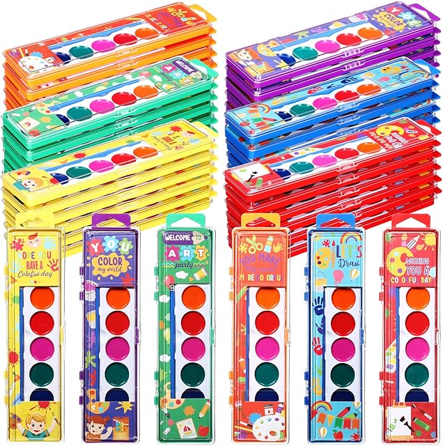 The 24 Packs 8-Color Kids Watercolor Paint Sets Bulk Washable Water Coloring Set with Paintbrush for Preschool Classroom Painting Party Favors Back to School Gifts Art Lessons Supplies