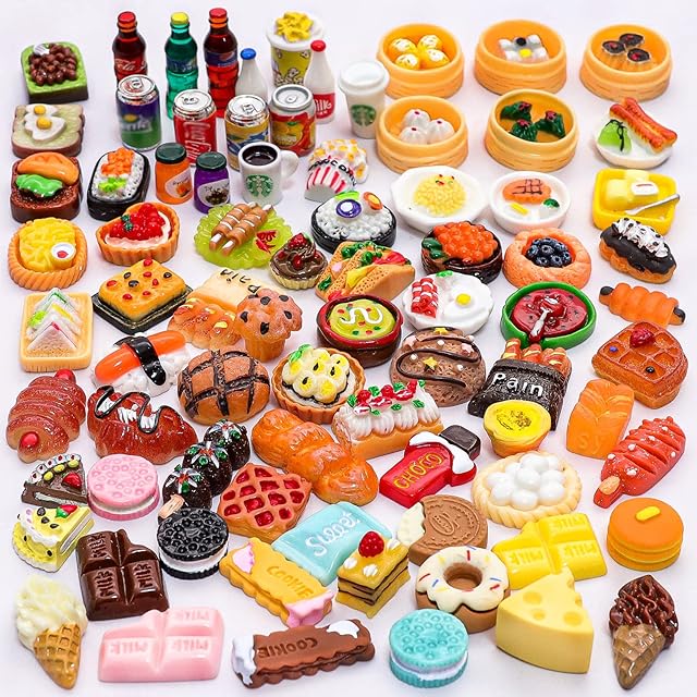 The 80 Pieces Mini Food Drinks Bottle Toys Pretend Food for Dollhouse Kitchen Accessories Mini Play Resin Food Toys