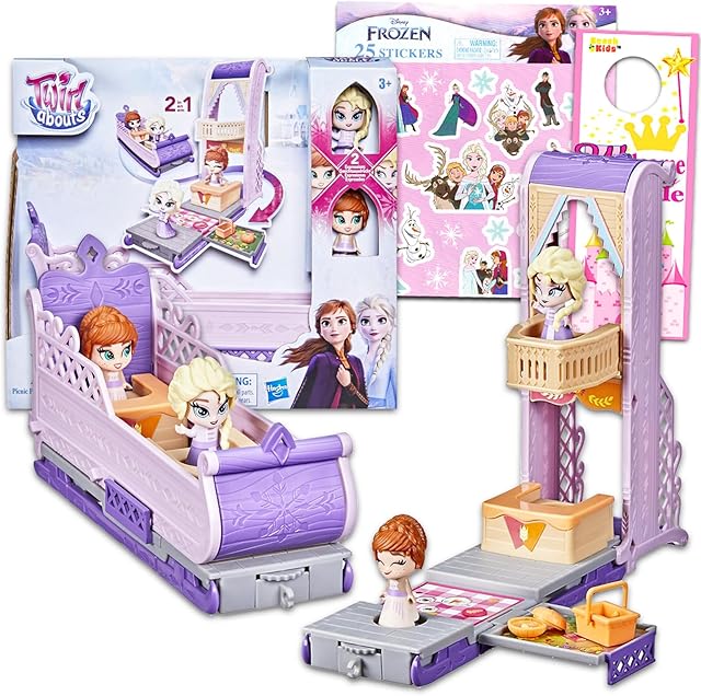 The Disney Frozen Twirlabouts Playset for Kids - Bundle with Frozen 2 in 1 Playset with Elsa and Anna Figurines Plus Stickers, More | Frozen Toys for Girls