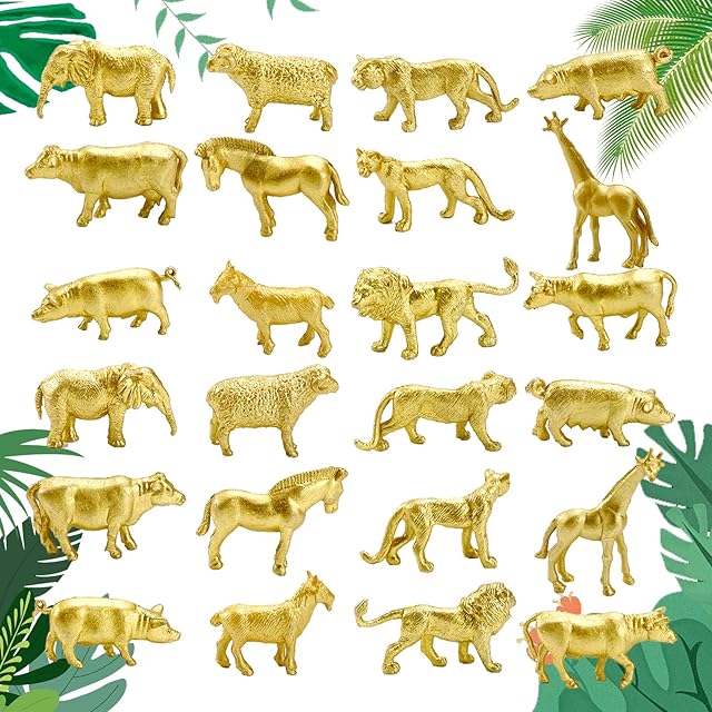 The 24Pcs Gold Safari Animals Figurines, Plastic Zoo Animal Figures with Horse, Lion, Elephant, Giraffe for Jungle Animal Themed Birthday Party, Decor