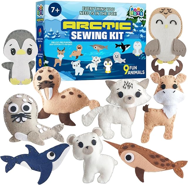 The MOMOTOYS Arctic Animals Beginner Sewing Kit for Kids Ages 7+ – Includes 9 Kids Sewing Projects with Tools & Art Supplies – DIY Felt Crafts for Girls & Boys – Gifts for 7, 8, 9, 10, 11, 12 Year Old