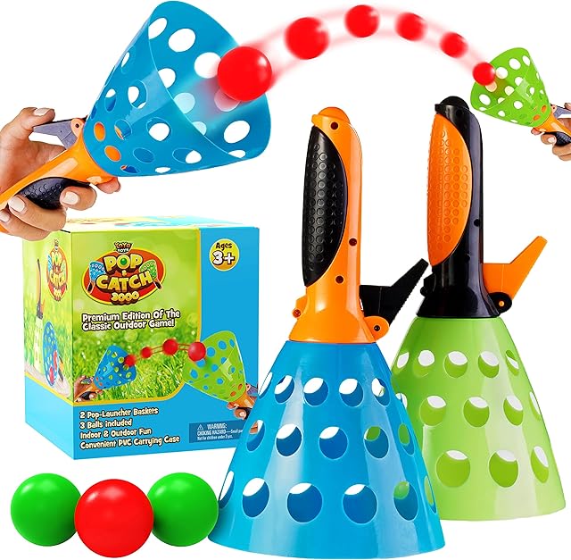 The YoYa Toys Pop and Catch Ball Game - Indoor Outdoor Kids Play Activities, Pop-Pass-Catch Games for Camping, Beach Sport, Backyard, Pool - 2 Launcher Baskets, Ages 3 4 5 6 7 8 9 Year Old Boys Girls Gift