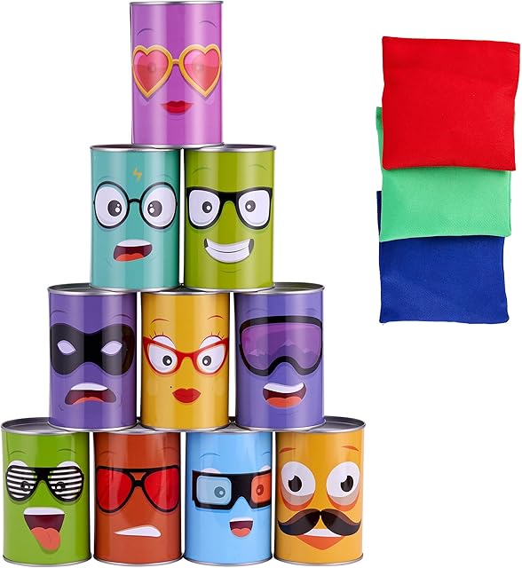The The Twiddlers 13 Pcs Carnival Bean Bag Toss Game for Kids & Adults, Tin Cans with Funny Faces & Numbers, 3 Color Bean Bags, Carnival Games for Birthday Party, Outdoor Yard Activity for Family