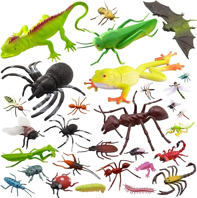 The PINOWU 27pcs Bug Toy Figures Playset for Kids Boys, 2-6' Fake Insects - Spiders, Cockroaches, Scorpions, Crickets, Lady Bugs, Butterflies and Worms for Education and Christmas Party Favors