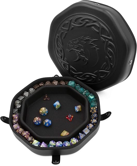 The CASEMATIX Dice Tray and Dice Storage Case for Up to 115 RPG Dice - Dice Tray for Rolling with Magnetic Snaps, Embossed Dragon Design and Non-Scratch Interior for Random Rolls Dice Protection
