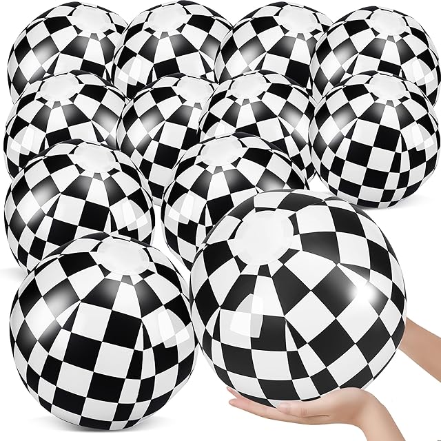 The 12 Pcs 12" Large Black and White Beach Ball Checkered Flag Themed Beach Ball Bulk Party Supplies for Race Car Hot Wheels Summer Pool Birthday Party End of The Year Class Decorations Favor
