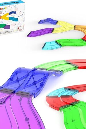 The PicassoTiles 12pcs Race Track Add-On Magnetic Railway 5Styles Building Block Set Magnet Tiles Construction Toy STEM Learning Early Education Toys Blocks Child Brain Development for Kids Age 3+ PTR12