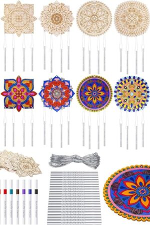 The Potchen 18 Sets Wind Chimes Craft Art Kit for Adult Color Your Own Wind Chime DIY Unfinished Wood Hanging Ornaments Coloring Window Chime for Adult Gifts Home and Back to School Party Supplies