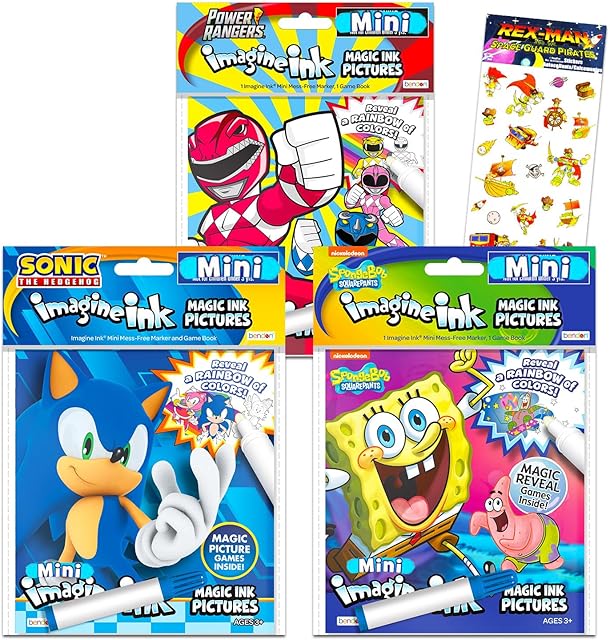 The Mess Free Coloring Book Set for Kids Boys - Bundle with 3 Imagine Ink Coloring Books with No Mess Invisible Ink Pens Featuring Sonic the Hedgehog, Power Rangers, Spongebob