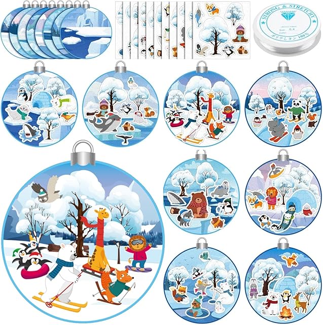 The 48 Sets Winter Craft Kit DIY Felt Animal Polar Sticker Set Winter Ornaments Kit Make Your Own Felt Animal Polar Decals Decorations for Christmas Arts and Crafts Party Favors Supplies