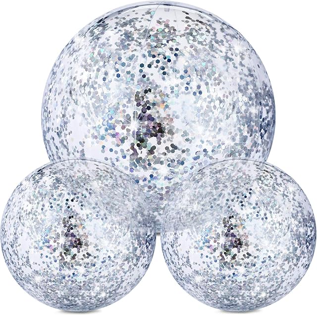 The Hsei 3 Pcs Inflatable Beach Ball 16 Inch Glitter Summer Swimming Pool Disco Balls with Confetti Floatable Blow up Toys Decorations for Beach Wedding Outdoor birthday Party Favor(Silver)