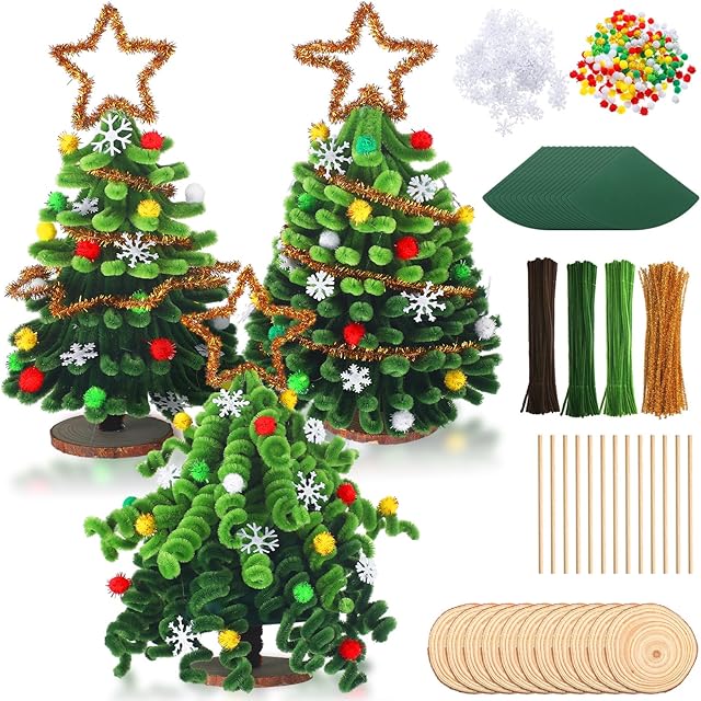 The Soulchen 30 Kit DIY Christmas Tree Craft Pipe Cleaners Craft Christmas Colors Chenille Stems Supplies Easy Make Xmas Tree Ornaments Accessories for Holidays Gift School Project