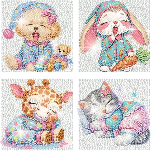 The FQOVKYN 4 Packs Cute Animals Diamond Art Kits for Kids, DIY Cartoon Small Diamond Painting Kits for Kids Age 6-12, Diamond Art and Crafts Kits for Girls Boys Birthday Gift(6 * 6inch)