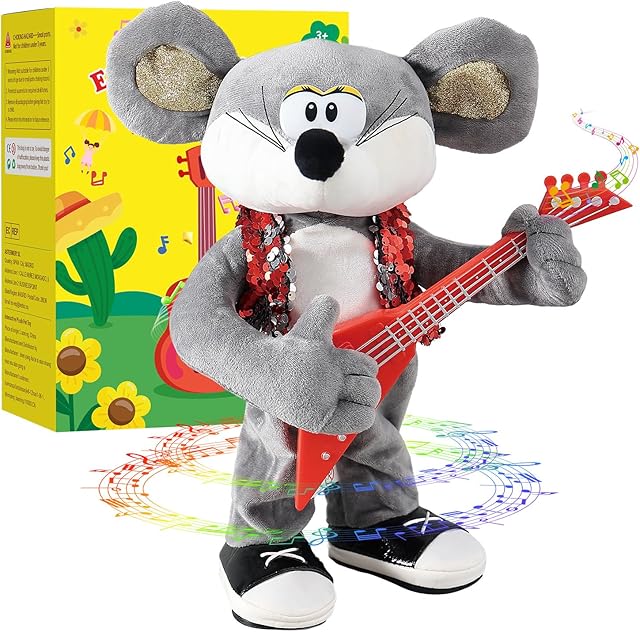 The Marsjoy Rocking Dancing Mouse Plush Toy, Singing Music Twisting Body Plush Stuffed Animals, Rocking Punk Crazy Cool Guitar Mouse, Perfect Christmas Birthday New Year for Kids