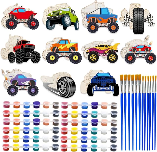 The Lcoor 22PCS Truck Painting Craft Kits, DIY Wooden Painting Kit for Kids Coloring Crafts Christmas Gifts Monster Themed Truck Birthday Party Decorations Supplies