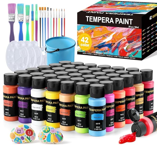 The TMOL Washable Paint for Kids 42 Colors,Non-Toxic, Safe & Washable for Toddlers, Tempera Paint with Brushes, Palette & Bucket, School Project Art Supplies