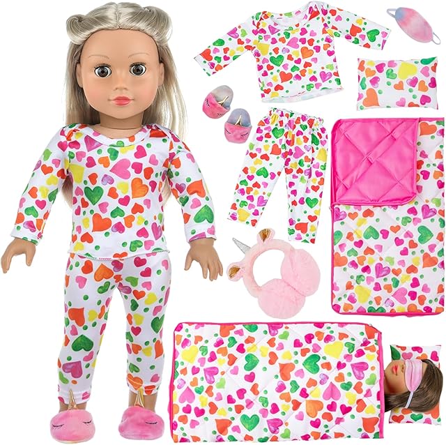 The UNICORN ELEMENT 18 inch Girl Doll Clothes and Accessories Set-Colorful Love Sleeping Bag Pajamas Eye Masks Earmuffs Pillow Fits 18 inch Doll