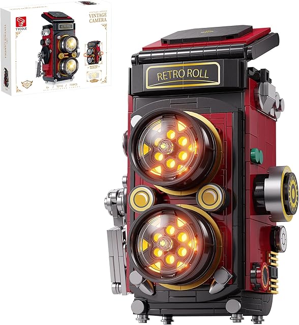 The Retro Camera Building Blocks Sets with Lights, DIY Camera Building Toys with Twin-Lens Reflex Design, Unique Collectible Model for Home Decor, Birthday Gift for Adults Boys Age 8-12(719Pcs)