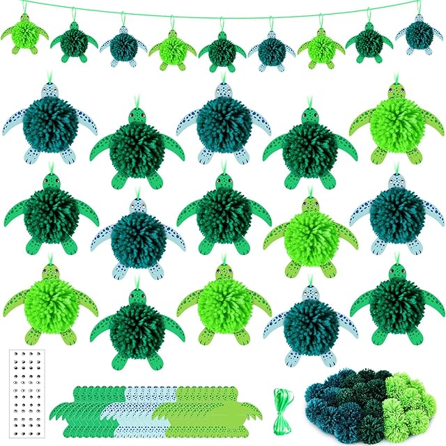 The Hollowfly 24 Pcs Turtle Party Birthday Decorations Cardboard Craft Kit Fluffy Yarn Turtle Craft with Paper Cutouts Yarn Pom Poms Stickers DIY Project Art Activities Summer Ocean Sea Hanging Decor