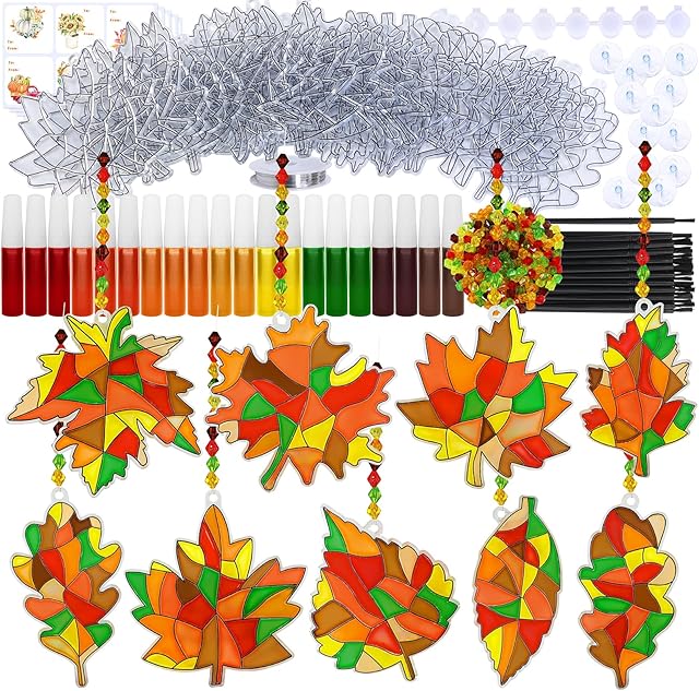 The Winlyn 27 Sets Fall Leaf Suncatchers Ornaments DIY Window Paint Art Fall Craft Kits Maple Leaf Sun Catchers Painting Kits for Kids Classroom Activities Art Project Thanksgiving Autumn Party Decoration