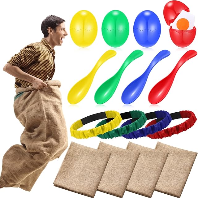 The 12 Pcs Potato Sack Race Bags Outdoor Lawn Games with Egg Spoon Race Games, 3 Legged Relay Race Bands Carnival Games Outside Birthday Party for Family