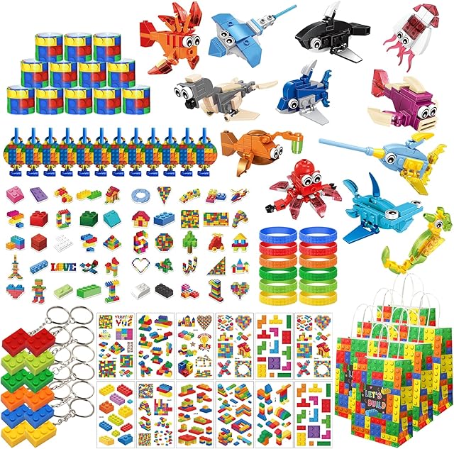The 134 Pcs Building Blocks Party Favors with Temporary Tattoo Gift Bag Sticker for Kids Boys Girls Ages 6-12+, Marine Animals Toy Birthday Party Supplies Gifts Classroom Prize Goodie Bags Fillers