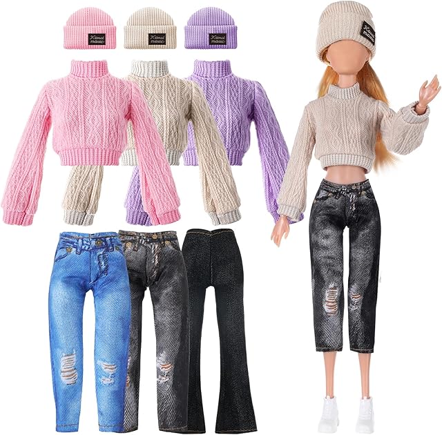 The 6 Pcs Fall Doll Clothes 11.8 Inch Fashion Doll Accessories Set Sweaters Denim Pant Clothing Sweet Outfits for Party Birthday Gift(Multicolor)