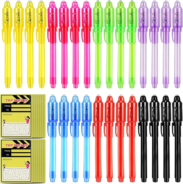 The 28 Pcs Invisible Ink Pens with UV light for kids, Word Search & Maze Activities Cards Included, Education & Party Favors, End of School Year Gift, Birthday,Halloween, Christmas, Goodie bag stuffers
