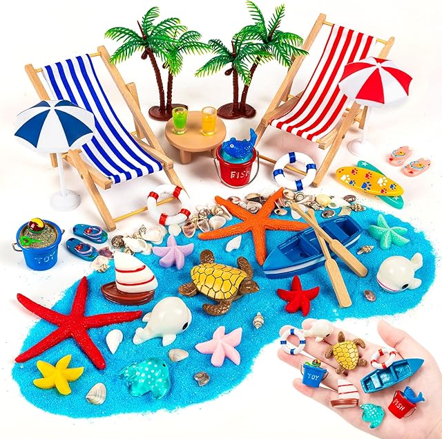 The 18 Pcs Beach Miniature Dollhouse Decoration, Bach Cake Decorations, Umbrella Palm Chair Miniature Toys for DIY Garden and Plant Decoration
