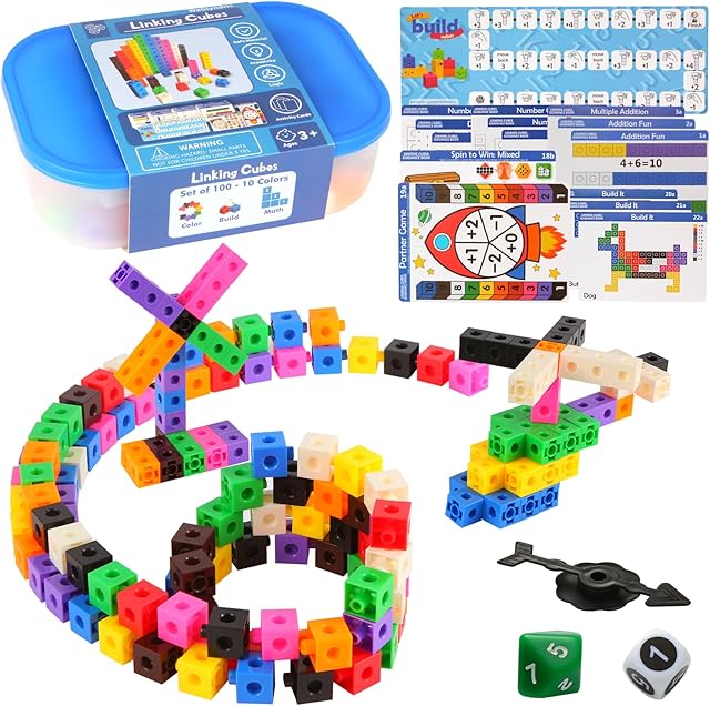 The 130 Pcs Math Linking Cubes Set, Math Cubes Manipulatives Connecting and Counting Snap Cubes with Activity Cards, Early Math and Construction for Kids Kindergarten Learning Activities