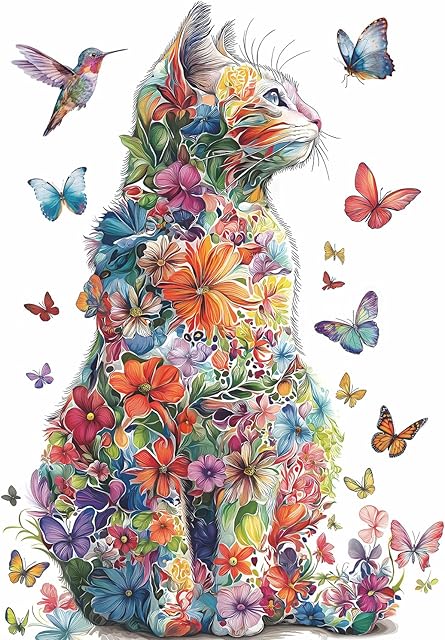 The Cat Puzzles for Adults 1000 Pieces, Flower Puzzle Colorful Art Animal Kitten Hummingbird, Butterfly Garden Plant Floral Impossible Jigsaw Puzzle