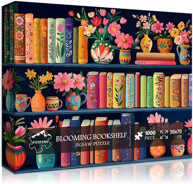 The Blooming Bookshelf Jigsaw Puzzles 1000 Pieces, PICKFORU Wildflower Pages Puzzle, Plant Floral Flowers Books Literary Themed, Colorful Art Library Impossible Challenging Puzzles for Adults