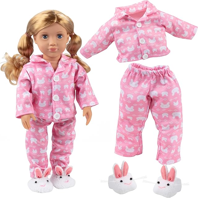 The Bunny Doll Pajama Set w Slippers- 18" Doll Clothes & Accessories Compatible w American Girl Dolls- 3pc PJ Outfit Set Includes Rabbit Shirt, Pants,& White Slippers- Cozy