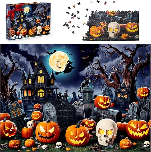 The Halloween Puzzles 1000 Pieces-Creative Play & Haunted House Pumpkin,Witch,Skeleton,Ghost,Grave Theme Puzzles-for Holiday Party Gifts or Halloween Home Decorations