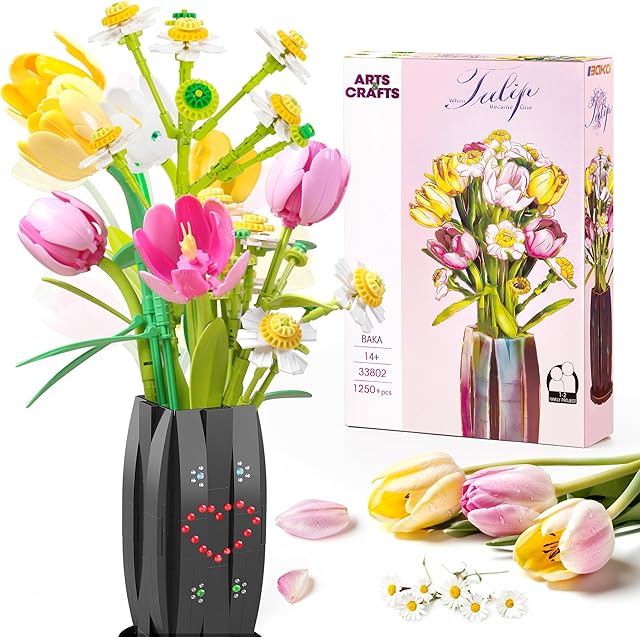 The BAKA Flowers Bouquet Building Set for Adults - Artificial Flowers with Tulips & Daisy - Botanical Collection, Christmas, Mother's Day, or Valentine's Gifts for Her, Him, and Mothers -580pcs