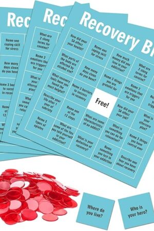 The Recovery Bingo Game with 24 Cards and 600 Cross Chips Questions Recovery Bingo for Adults Addiction Group Family Vacation Holiday Party Favors