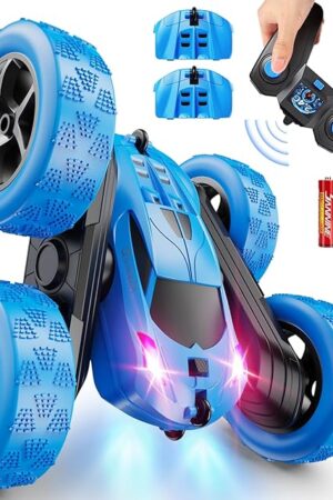 The Remote Control Car, RC Cars Toys for Kids Ages 6-12, 4WD Stunt Car with LED Lights & 360° Flips, 2.4GHz, Upgraded USB-C Modular Batteries, 8-10 Year Old Boys Birthday Gift 1-Blue
