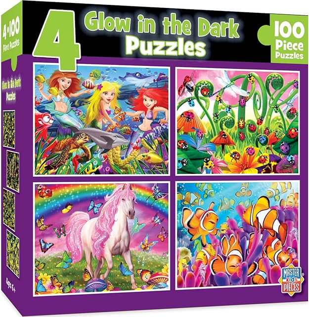 The MasterPieces – Jigsaw Puzzle Set for Kids 6+ Years, 4-Pack of 100 Pieces, Educational and Fun Game, Purple Glow in the Dark Collection, Gift Idea for Children, 8" x 10