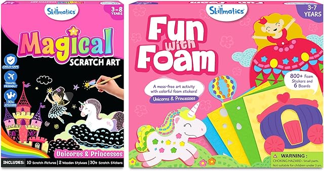 The Skillmatics Fun with Foam & Magical Scratch Art Book Unicorns & Princesses Theme Bundle, Art & Craft Kits, DIY Activities for Kids, Gifts for Ages 3 and Up