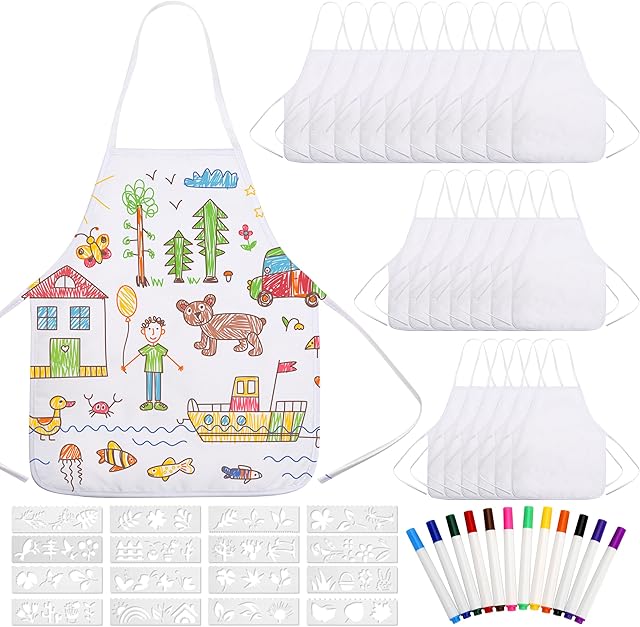 The Pllieay 52 PCS DIY Kid Aprons, Toddler Apron White Aprons for Kids with Colored Pen and Journal Stencils for Painting, Kitchen, Cooking
