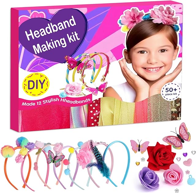 The Headband Making Kit for Girls, DIY Hair Accessories Craft Set Make 12+ Fashion Headbands for Kids 5-12, Art Supplies with Ribbons & Charms, 5 Year Old Girl Birthday Gift Ideas, Girls Fashion Gift