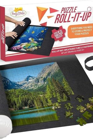 The Puzzle Roll Up Mat - Store and Transport Jigsaw Puzzles Up to 1500 Pieces - 46" x 26" Felt Mat, Inflatable Tube, and 3 Elastic Fasteners Newer Improved Design - by Amy and Delle