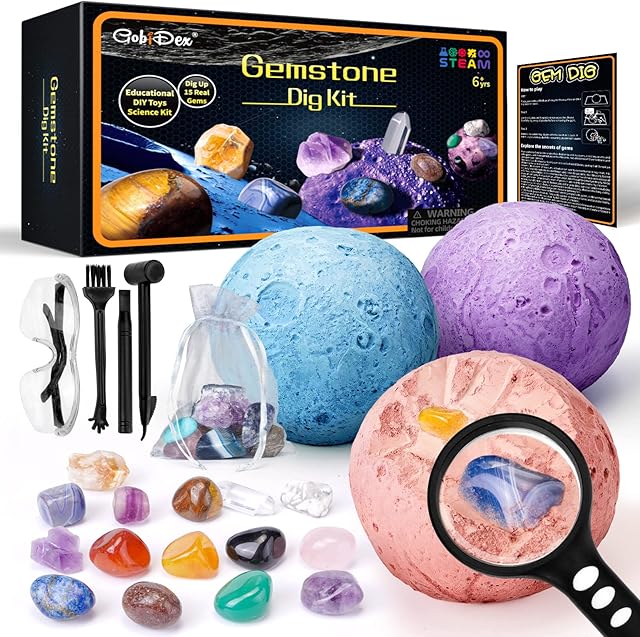 The GobiDex Gemstones Dig Kit, Solar System Science Kit for Kids, Excavate 15 Real Gems, STEM Educational Space Toys Planet Collection Kit, Archaeology Geology Science Projects Gift for Boys&Girls Age 6+