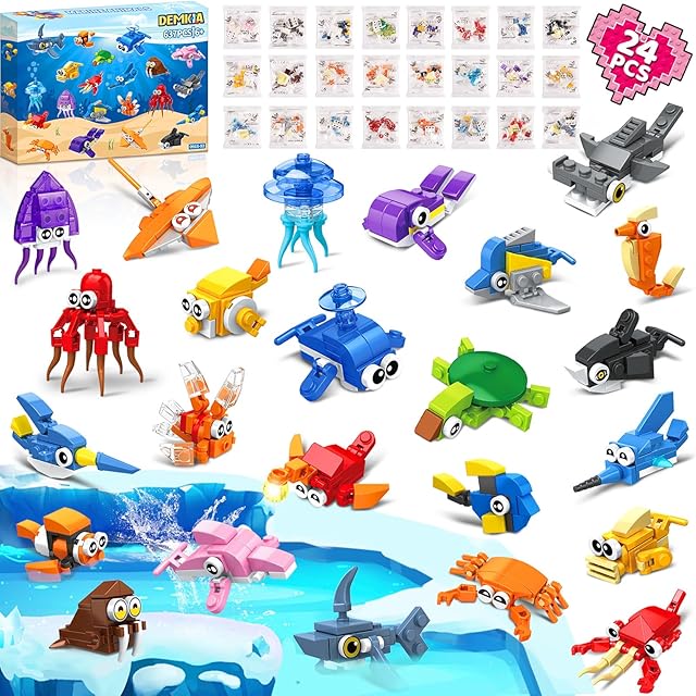 The 24 Packs Party Favors for Kids, 637 PCS 24in1 Marine Animals Small Fish Toys Mini Building Blocks Set for Goodie Bag Stuffers Classroom Prizes, Easter Birthday Gift for Boys Girls Ages 6-12